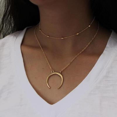 Stylish and Simple Personality Double-Layer Copper Bead Necklace Moon Pendant Horn Multi-Layer Necklace Choker Wholesale