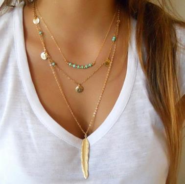 European and American Fashion Style Necklace Retro Simple Turquoise Beaded Sequined Multi-Layer Leaf Necklace C036