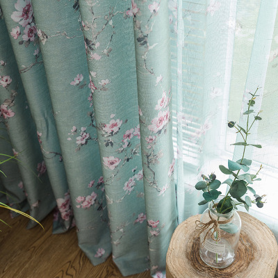 Pastoral American Curtain Living Room Bedroom Half Shade Floral Curtain Finished Sub-Cotton Linen Floor Window Flat Curtain Cloth