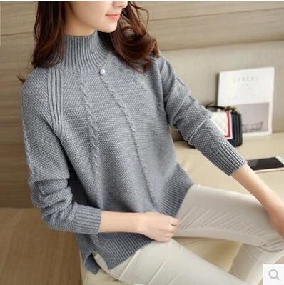 2020 autumn and winter korean style loose short half turtleneck knitted bottoming shirt plus velvet thickened new sweater women‘s pullover
