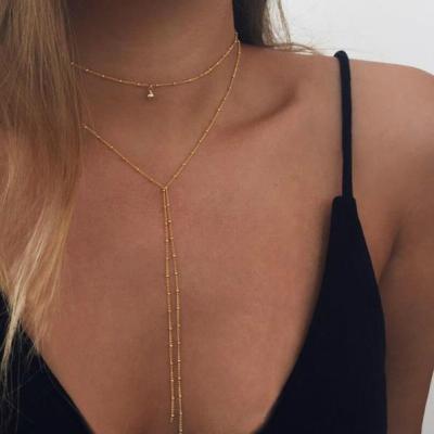 European and American Jewelry Fashion Simple Bead Chain Necklace Retro Collarbone Necklace Double-Layer Long Necklace Wholesale