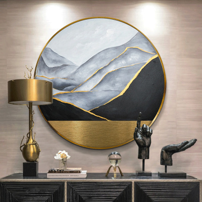 Affordable Luxury Introduction Entrance Painting round Decorative Painting Pure Hand Drawing Gold Abstract New Chinese Corridor Real Metal Hanging Painting