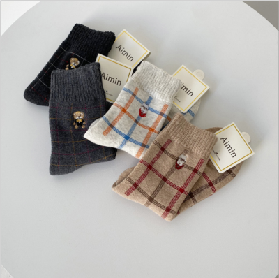 New Embroidered Bear Plaid Mid-Calf Length Socks for Women Thickened Fleece Warm Terry Socks Japanese Cute Towel Socks
