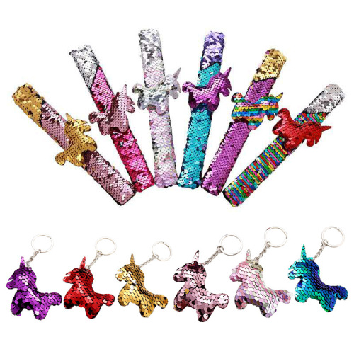 Cross-Border Popular Accessories unicorn Sequin Snap Ring Bracelet Children Cartoon Color Double-Sided Sequin Bracelet Customized