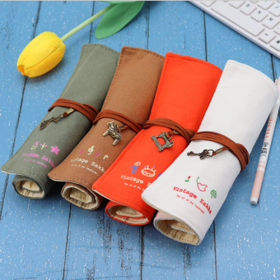 Canvas Pen Bag Roll Pencil Case Retro Pen Curtain Cosmetic Bag Korean Style Pencil Bag Student Storage Bag