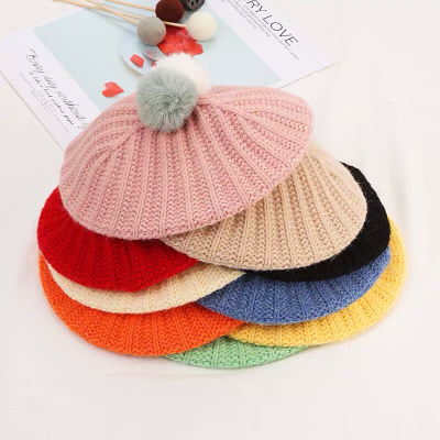 Children's Beret Fall Winter Fashion Two-Color Fur Ball Baby Trendy Multi-Color Cute Solid Color Knitted Hat
