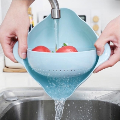 Double-Layer Flip Washing Basin Drain Basket Kitchen Household Rice Washing Blue Plastic Washing Fruit and Vegetable Basket Fruit Plate