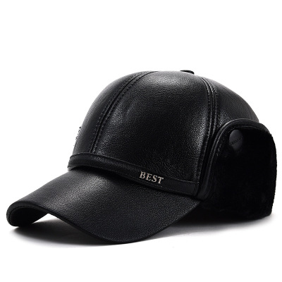 Hat Men's Autumn and Winter Cotton Hat Leather Peaked Cap Ear Protection Middle-Aged and Elderly Dad Thickened Warm Baseball Cap