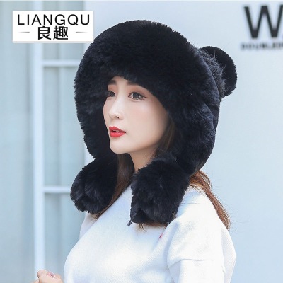 Liangqu Winter Snow Mongolia Xiangfei Hat Thickened Velvet Fur Ball Knitted Hat Winter Women's Cold-Proof Hat