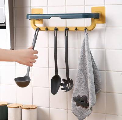 Foldable Double-Rod Seamless Towel Rack Punched Tape-Free Six Hooks Kitchen and Bathroom Utensils Rag Bath Range Storage Rack