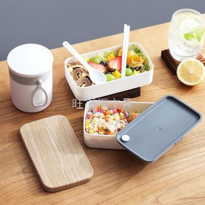 New Wood Grain Student Adult Canteen Lunch Box Microwaveable Heating Double Deck Compartment Thermal Lunch Box Fast Food Box