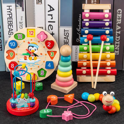 Infant Children's Eight-Tone Toy Piano Beaded Toy Worm Rainbow Tower Baby Early Education Educational Wooden Toys