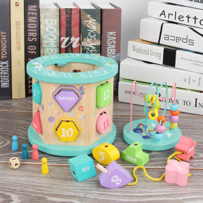 Wooden Baby Multi-Functional Intelligence Shape Matching Box Porous Cognitive Bead Building Blocks Children Educational Baby Toys