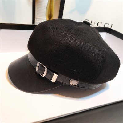 Korean Hat Women's Autumn and Winter New Fashion All-Match Leather Buckle Octagonal Hat Street Daily Simple Navy Hat Tide