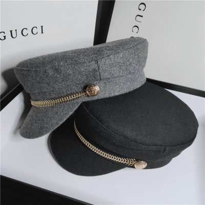 French Chanel Style Navy Hat Korean Fashion Fishbone Chain All-Matching Military Hat Flat Beret Women's Fashion