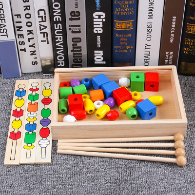 Children's Educational Beaded Box Beads Wooden Montessori Teaching Aids Color Shape Recognition Hand-Eye Coordination Toys 0.7