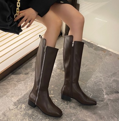 202020new Knight Boots Women's High Square Head over-the-Knee Stretch Shorty Long Boots Slimming 3cm Thin Brown