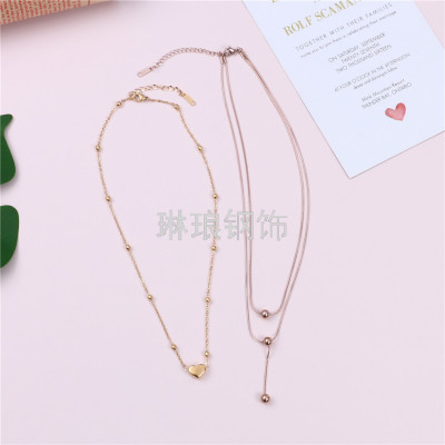 European and American Double-Layer Necklace Clavicle Chain Love Pendant Fashion Titanium Steel Necklace Simple All Match Jewelry
