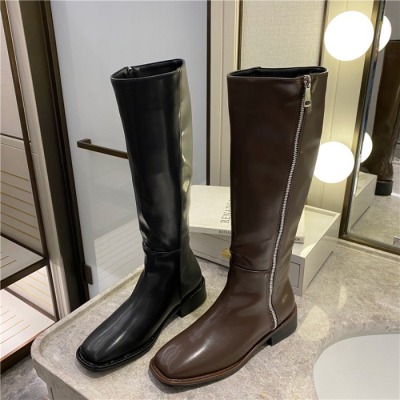 Brown Patent Leather Knight Boots Women's High Boots 2020 New Long Boots Side Zipper Black Long Boots Mid Heel Square Toe