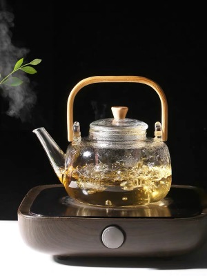 High Temperature Resistant Glass Bamboo Handle Loop-Handled Teapot Electric Ceramic Stove Tea Brewing Pot Steam Teapot Extra Thick Glass Teapot Water Boiling Kettle Set