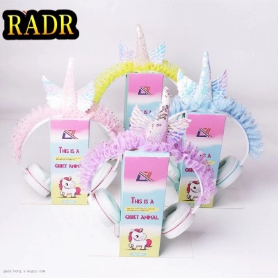 Fashion Color New Children's Cute Cartoon Unicorn Head-Mounted Wired Earphone