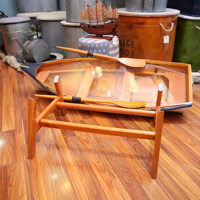 Home Boat Type Tea table 120cm Wooden Ornament Glass Surface Sailing Model Accessories Crafts 