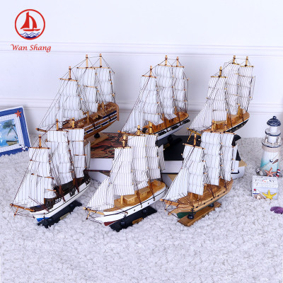 Painted Solid Wood SailBoat Desk Ornaments 33cm Handmade Boat Small Simulation Boat Model Crafts Decoration