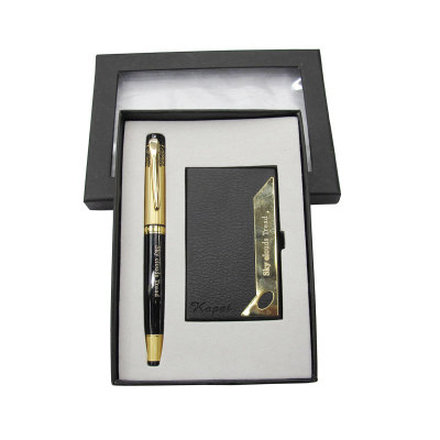 Creative Business Card Holder Set Customized Corporate Logo with Metal Roller Pen Gift Set for Business Card Case