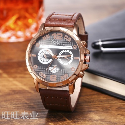 Wish Hot Sale Hot Sale Men's Large Dial Fake Three-Eye Business Sports Belt Quartz Watch Men's One Product Dropshipping