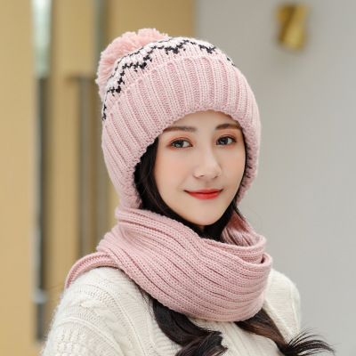 Hat Female Winter Woolen Hat Fleece Lined Padded Warm Keeping Knitted Hat Student Windproof Cycling Ear Protection Scarf One-Piece Hat