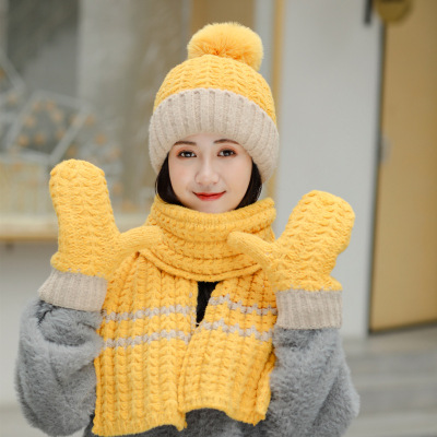 Wool Cap Female Winter Korean Style All-Matching Knitting Hat, Scarf and Gloves Three-Piece Ear Protection and Wind Protection Cold Suit