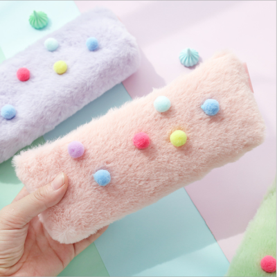 Plush Pencil Bag Fur Ball Pencil Case New Pencil Bag Stationery Bag Macaron Pencil Case Student Storage Bag