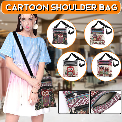 Ethnic style double zipper owl jacquard shoulder diagonal bag female ultralight cross-border postman handbag spot 