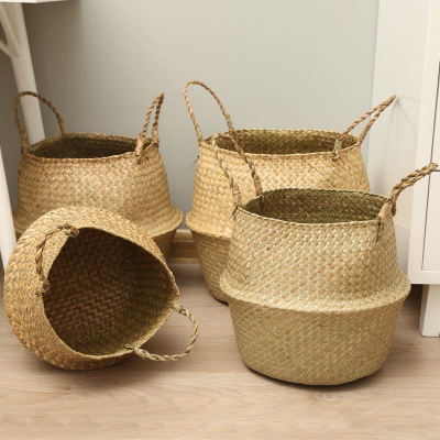 Nordic Flower Basket Portable Knitted Basket Flower Pot Straw Flower Basket Plant Straw Floor Folding Sea Grass Basket