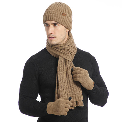 European and American Autumn and Winter Wool Thickened Outdoor Keep Warm Factory Direct Sales Multi-Piece Knitted Scarf Hat Gloves Three-Piece Set