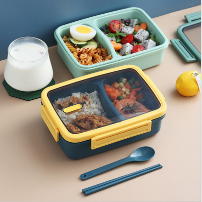 Morandi Rectangular Double-Layer Plastic Lunch Box Student Canteen Lunch Box Divided Lunch Box Microwaveable Heating