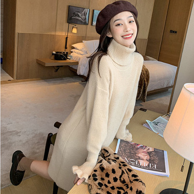 Women's Round Tie Scarf Sweater Dress Fall and Winter Clothes Thick Loose Imitation Marten Long below the Knee Bell Sleeve Knitted Dress
