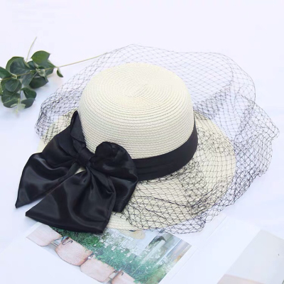 Straw Hat Women's Summer Black Mesh Face Cover Sun-Proof Sun Hat Hepburn Style Top Hat Casual Seaside Beach Sun Hat