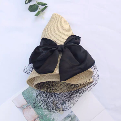 Straw Hat Women's Summer Black Mesh Face Cover Sun-Proof Sun Hat Hepburn Style Top Hat Casual Seaside Beach Sun Hat