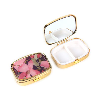 Silver Fashion Cosmetics Pattern Small Medicine Box Two Grid Epoxy Pill Box Custom Pattern