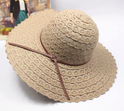 Lace Hollow Sun Hat Korean Summer Women's Big Brim Sun Hat Vacation Sun Protection Beach Hat Bow Hat