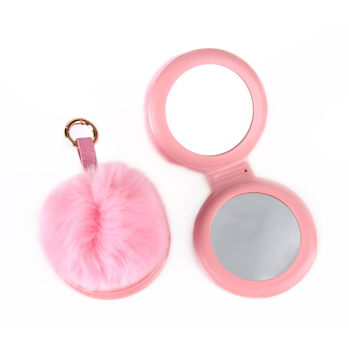 pink round rabbit fur ball double-sided folding keychain cosmetic mirror backpack pendant small mirror