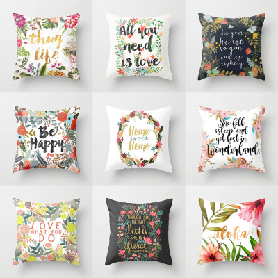 Korean Flowers Letter Printed Polyester Peach Skin Pillowcase Amazon Cross-Border Sofa Home Cushion Throw Pillowcase