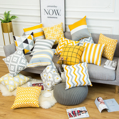 Warm Yellow Gray Geometric Striped Pattern Sofa Thickened Short Velvet Simple Modern Cushion Pillowcase without Core