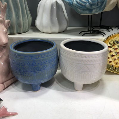 Embossed Pattern Vintage Flower Pot with Feet Ceramic Flowerpot Decoration Crafts Waterproof