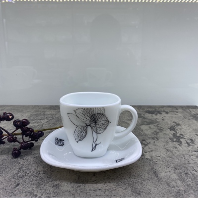 Opal glass Cup and Saucer Coffee Cup and Saucer Square Cup and Saucer 210cc Decal