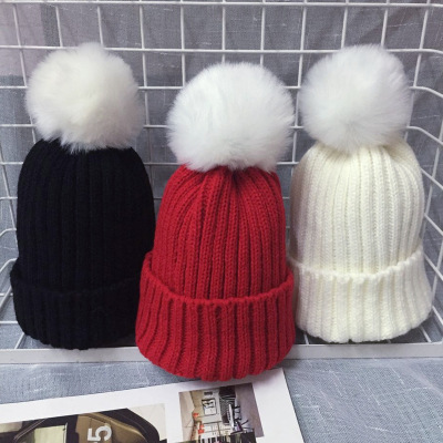 Fall/Winter Hot-Selling Korean Children's Candy Color Woolen Cap Baby Knitted Wool Ball Hat Ear Protection Thickness Warm Pullover Cap