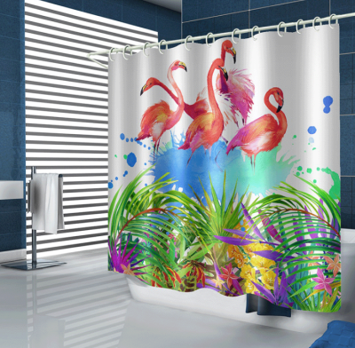 Cross-Border Hot Sale Flamingo Festival Series Bathroom Waterproof Curtain Polyester Shower Partition Curtain Bathroom Curtain Graphic Customization
