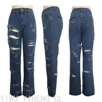 ladies fashion jeans American Fashion Cool Ripped Burr Straight Women's Denim Pants, Women's Ripped Jeans