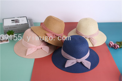 Hat Sun Hat Female Foldable Summer Sun Hat Fashion Bowknot Pearl Straw Hat Sun-Proof Beach Hat